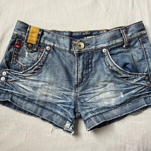 Miss Sixty Distressed Blue Jean Shorts with Yellow Accent